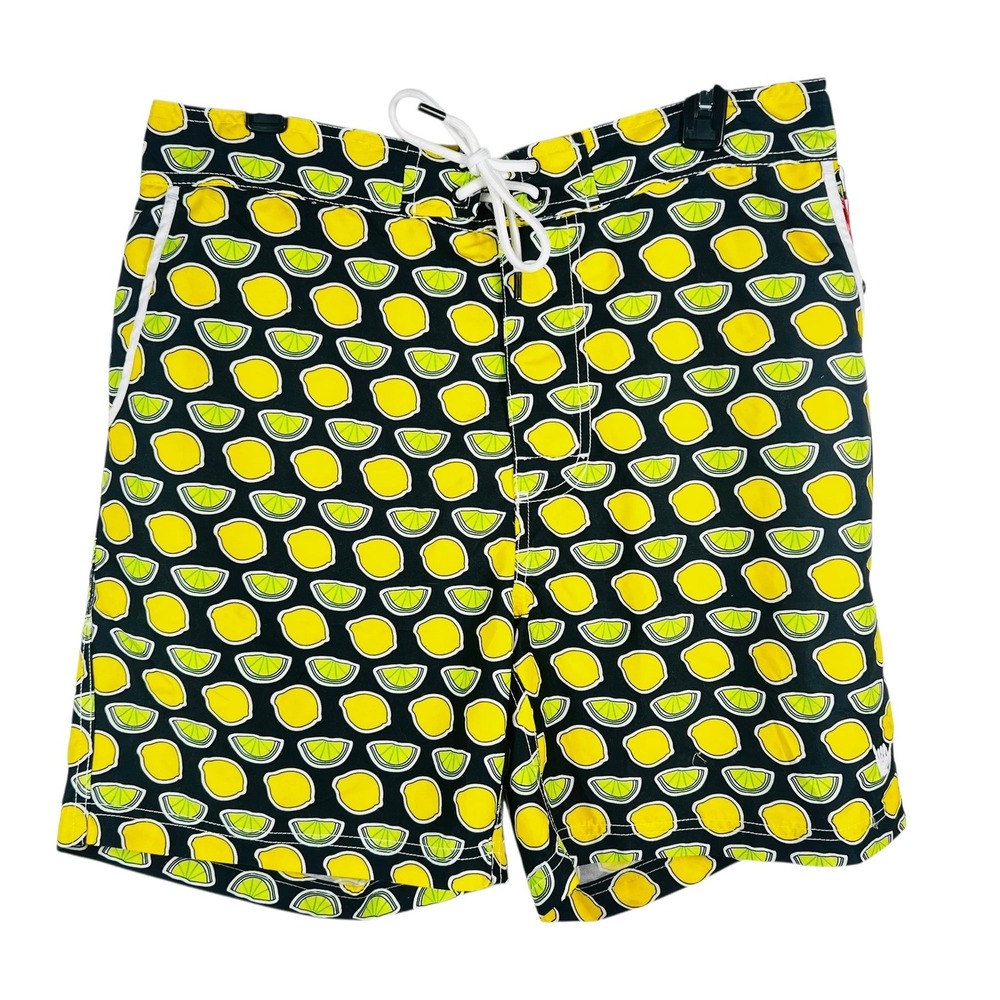 NWT Mens L Beach Bros‎ Swim Trunks Shorts Lemon Lime Black Drawstring Mesh Lined